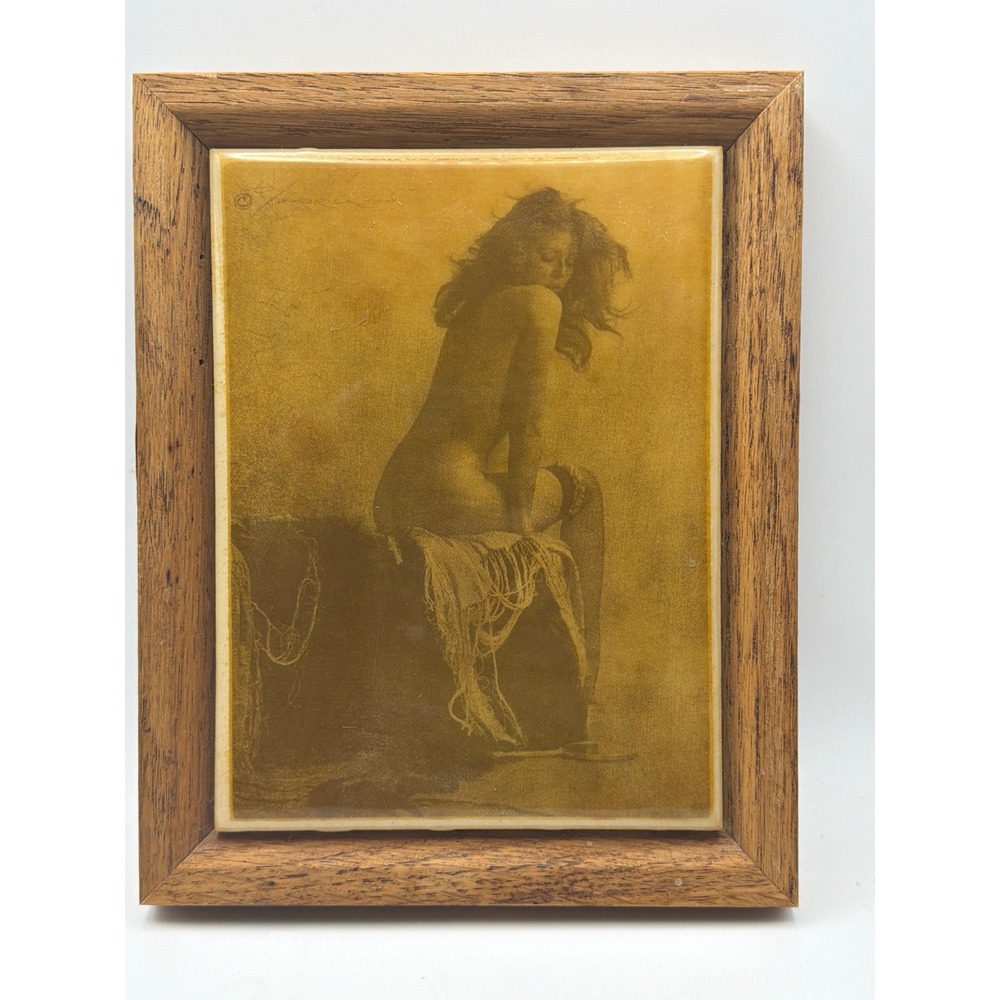 Vintage Nude Female Art Tile in Oak Wood Frame Sepia Tone Boudoir Decor 5x7
